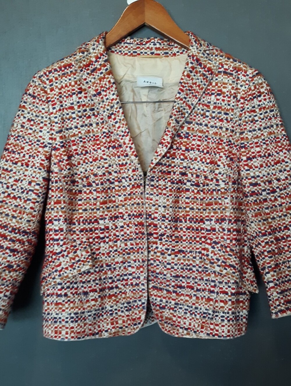 Akris Punto Multicolor Textured Boucle Tweed Blazer Jacket Size 8 Coral Blue